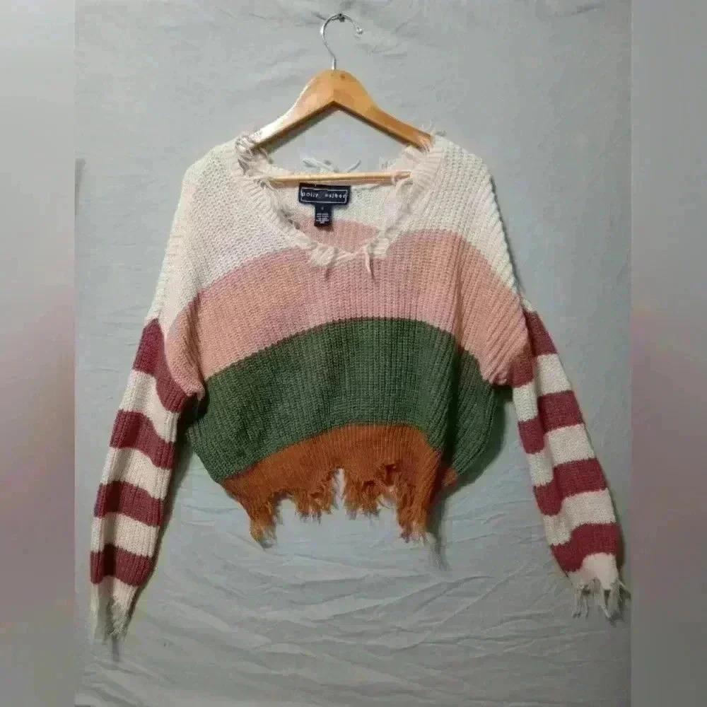 Polly & Esther striped knit Vneck cropped sweater sz S Boho Distressed Preppy